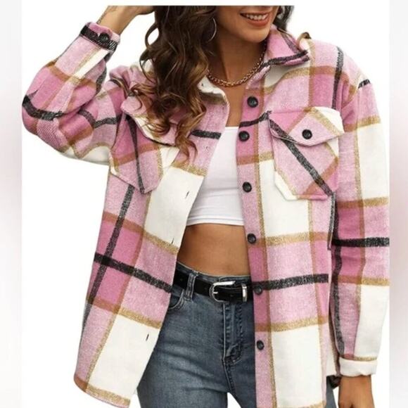 Moss Rose Tops - Moss Rose Womens Casual Plaid Shacket Button Down Long Sleeve M Pink Flannel
